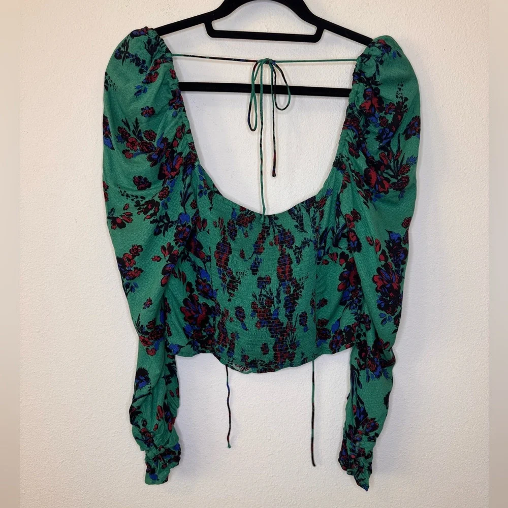 NEW Free People Green Puff Sleeve Ruched Blouse